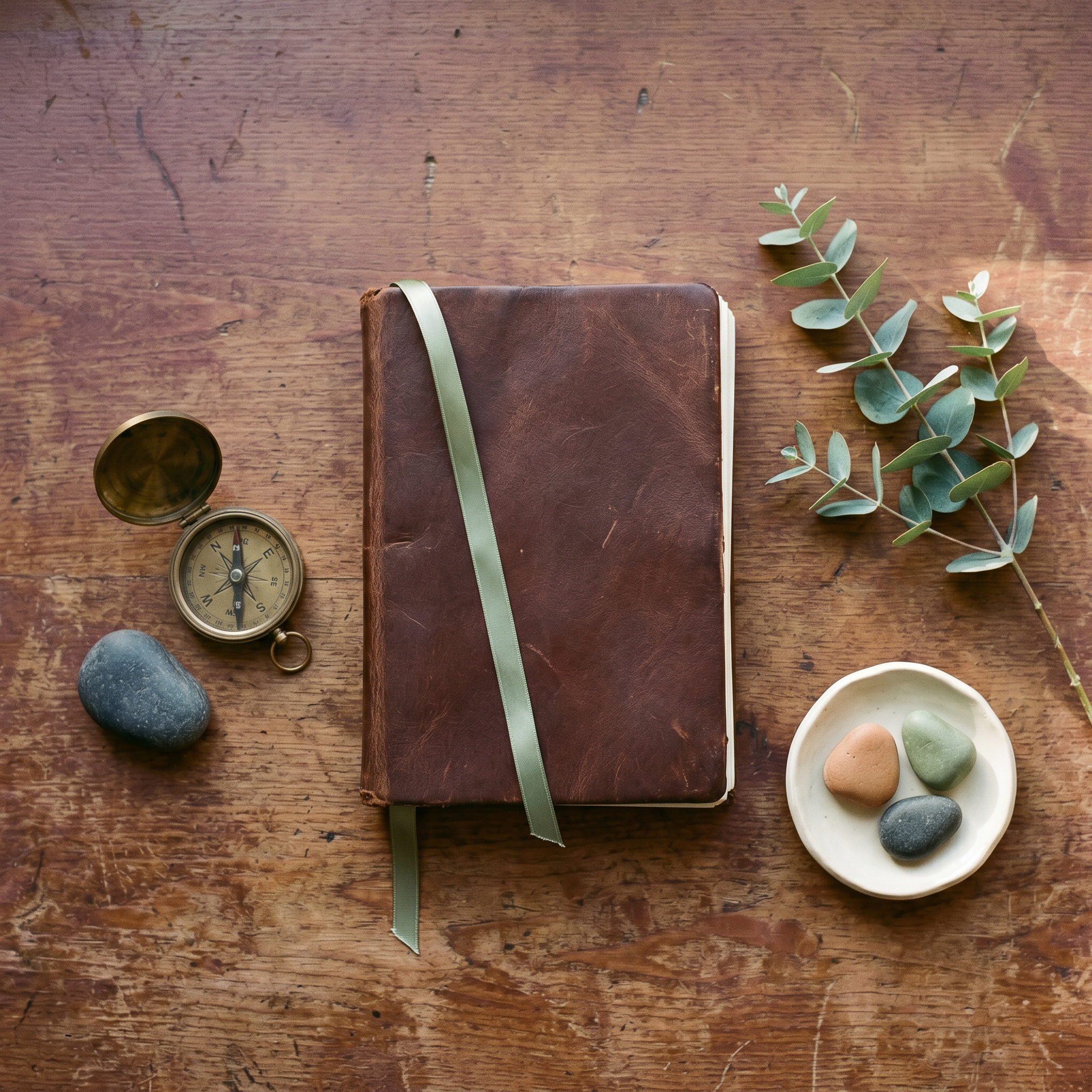 A leather journal on a warm desk